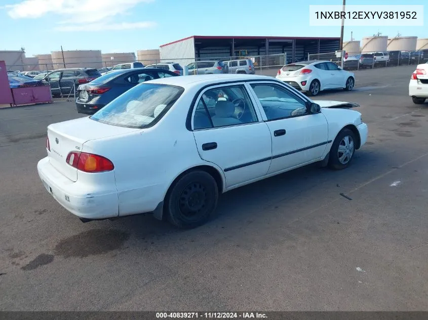 2000 Toyota Corolla Ce/Le/Ve VIN: 1NXBR12EXYV381952 Lot: 40839271