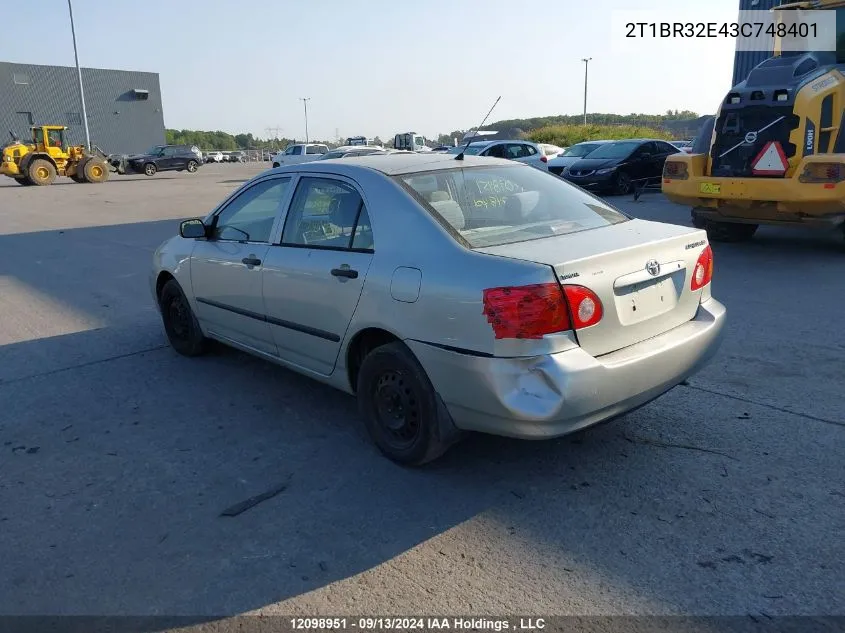 2003 Toyota Corolla Ce/Le/S VIN: 2T1BR32E43C748401 Lot: 12098951