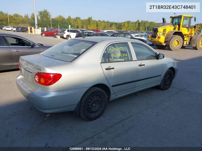 2003 Toyota Corolla Ce/Le/S VIN: 2T1BR32E43C748401 Lot: 12098951