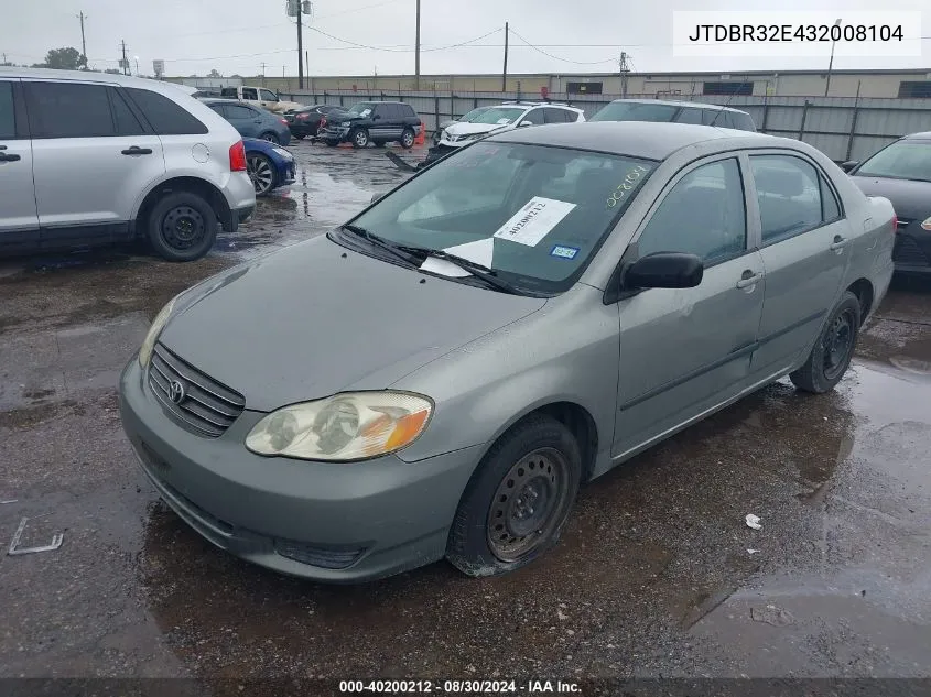 2003 Toyota Corolla Ce VIN: JTDBR32E432008104 Lot: 40200212