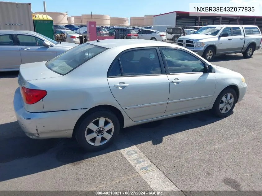 2003 Toyota Corolla Le VIN: 1NXBR38E43Z077835 Lot: 40210021