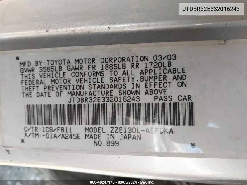 JTDBR32E332016243 2003 Toyota Corolla Ce