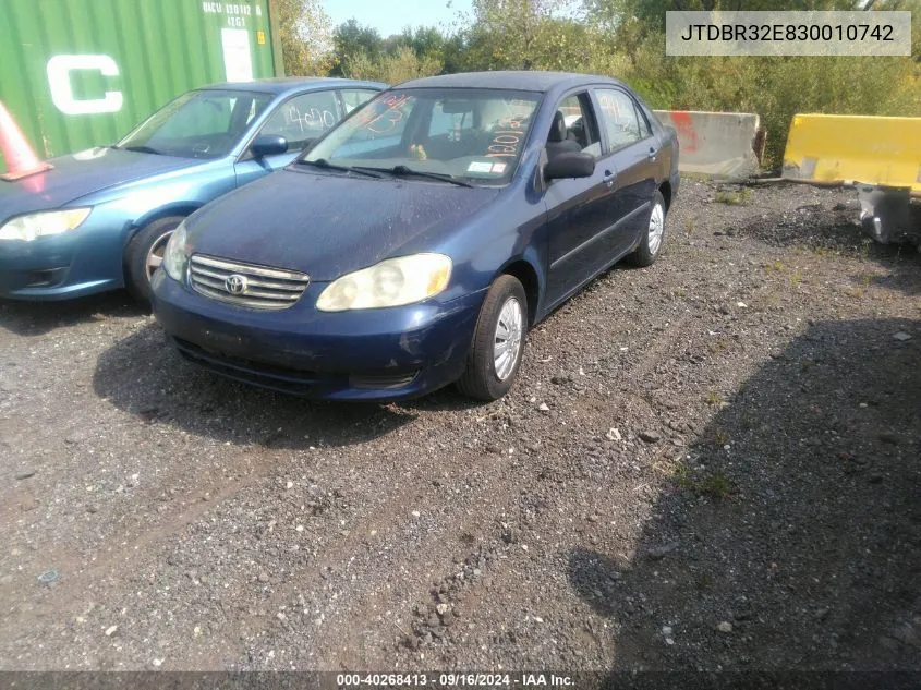 2003 Toyota Corolla Ce VIN: JTDBR32E830010742 Lot: 40268413