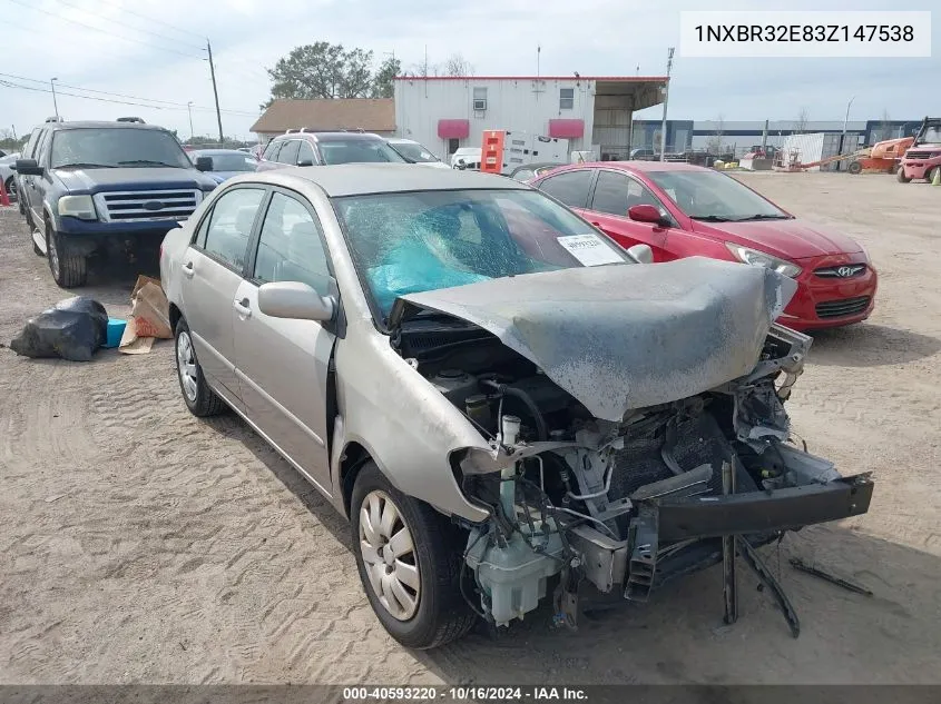 2003 Toyota Corolla Le VIN: 1NXBR32E83Z147538 Lot: 40593220