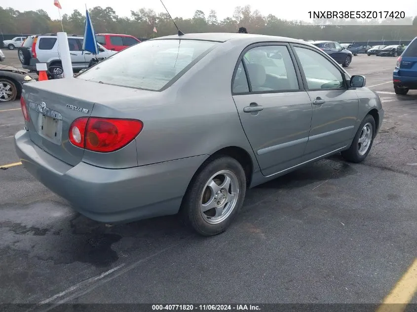 2003 Toyota Corolla Le VIN: 1NXBR38E53Z017420 Lot: 40771820