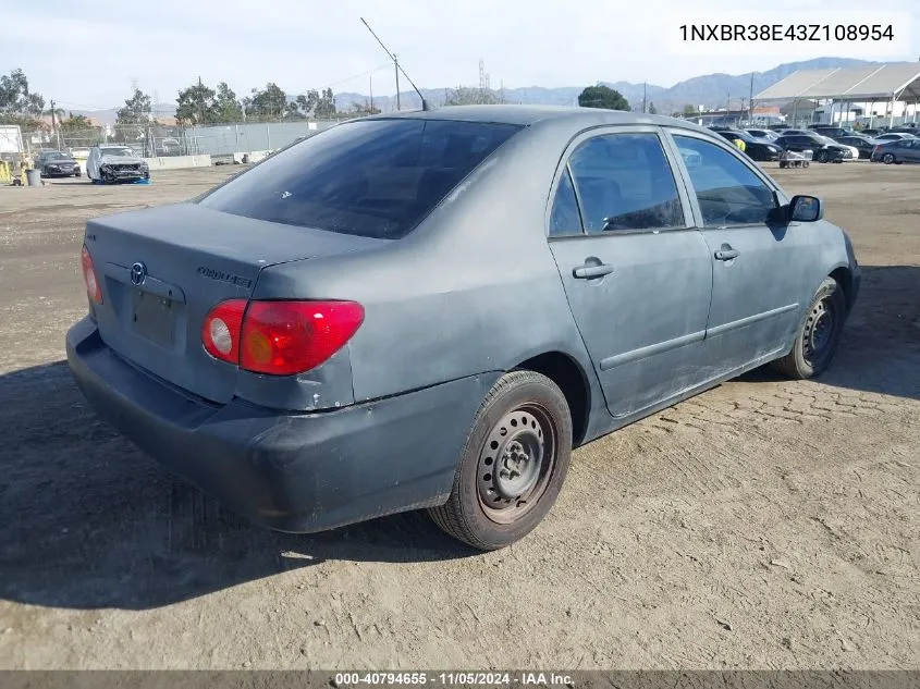 2003 Toyota Corolla Ce VIN: 1NXBR38E43Z108954 Lot: 40794655