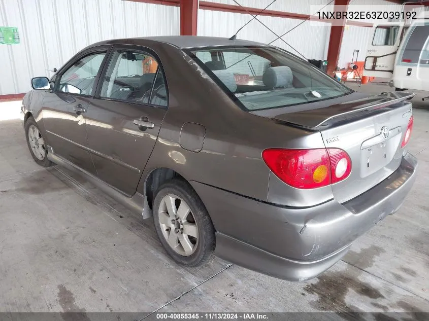 2003 Toyota Corolla S VIN: 1NXBR32E63Z039192 Lot: 40855345