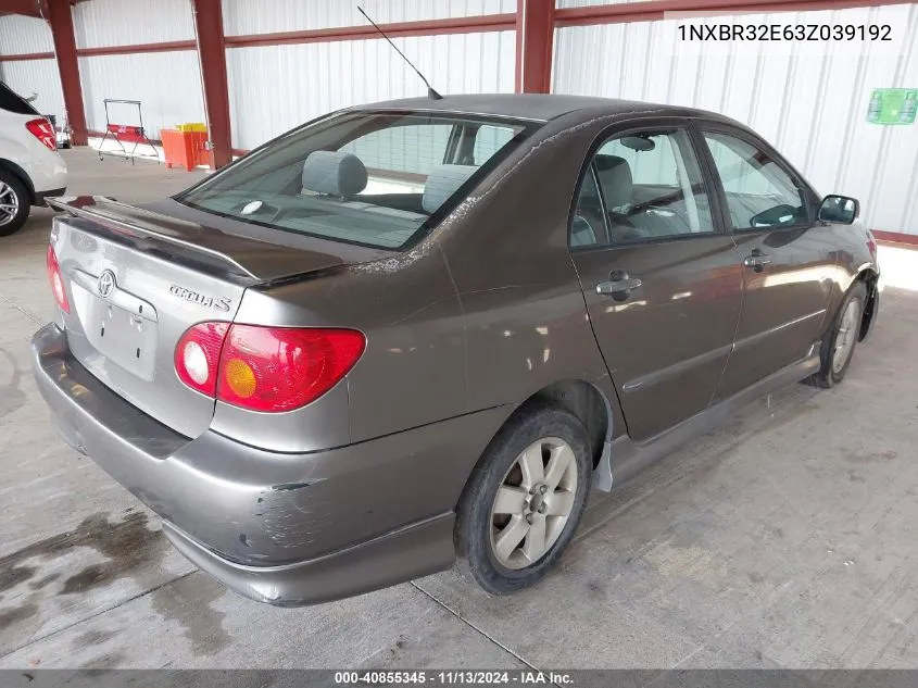 2003 Toyota Corolla S VIN: 1NXBR32E63Z039192 Lot: 40855345