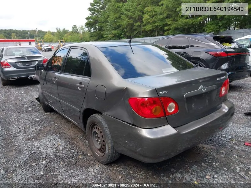 2004 Toyota Corolla Le VIN: 2T1BR32E64C194540 Lot: 40213021