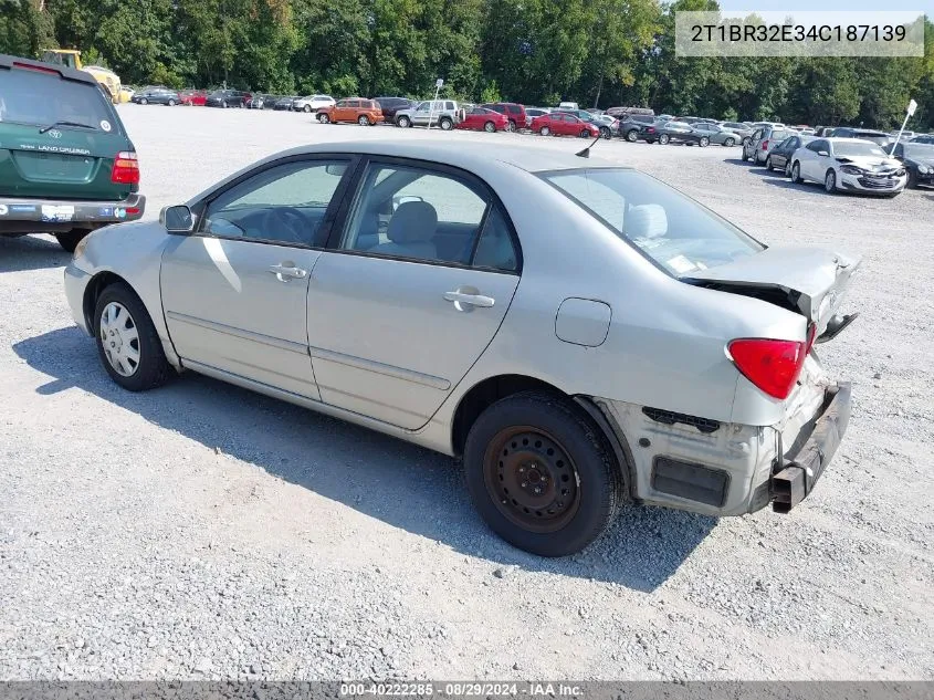 2004 Toyota Corolla Le VIN: 2T1BR32E34C187139 Lot: 40222285