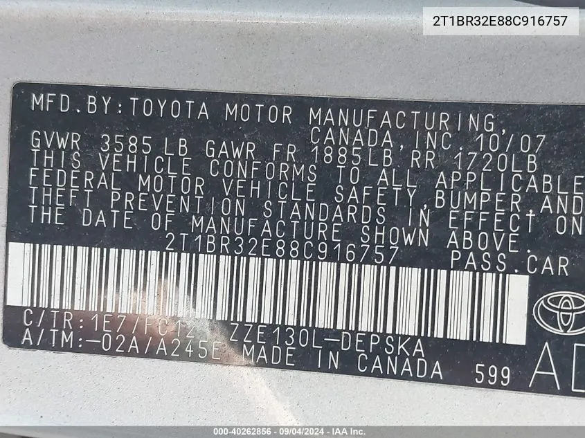 2T1BR32E88C916757 2008 Toyota Corolla S