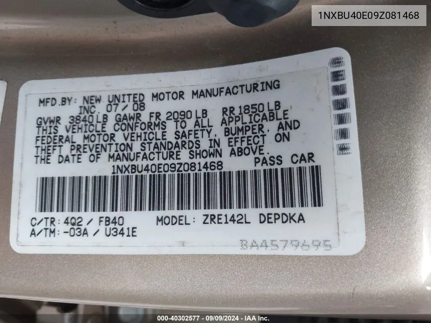 1NXBU40E09Z081468 2009 Toyota Corolla Le