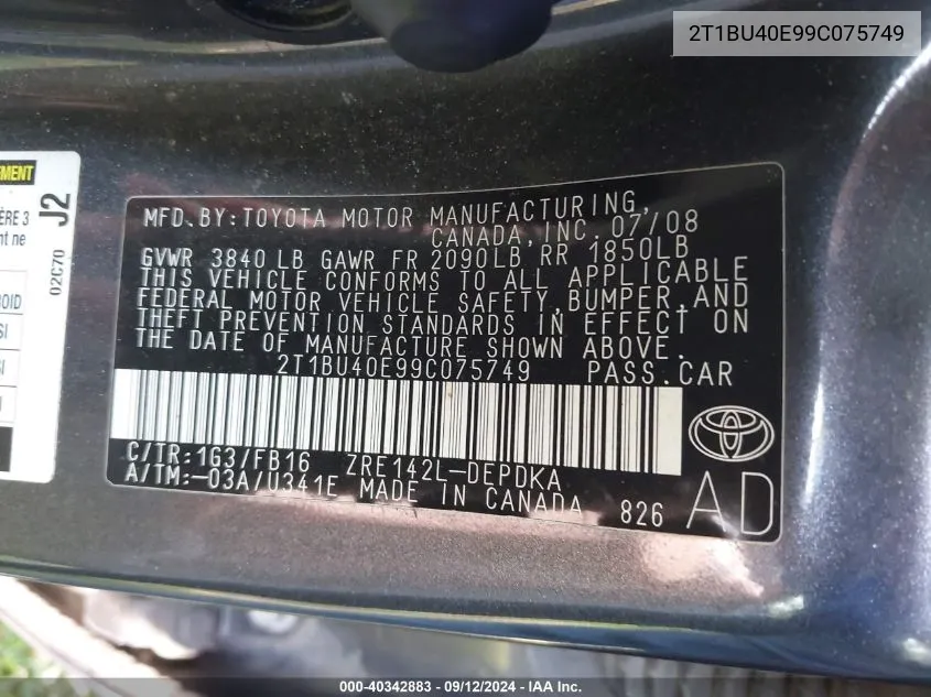 2T1BU40E99C075749 2009 Toyota Corolla Le