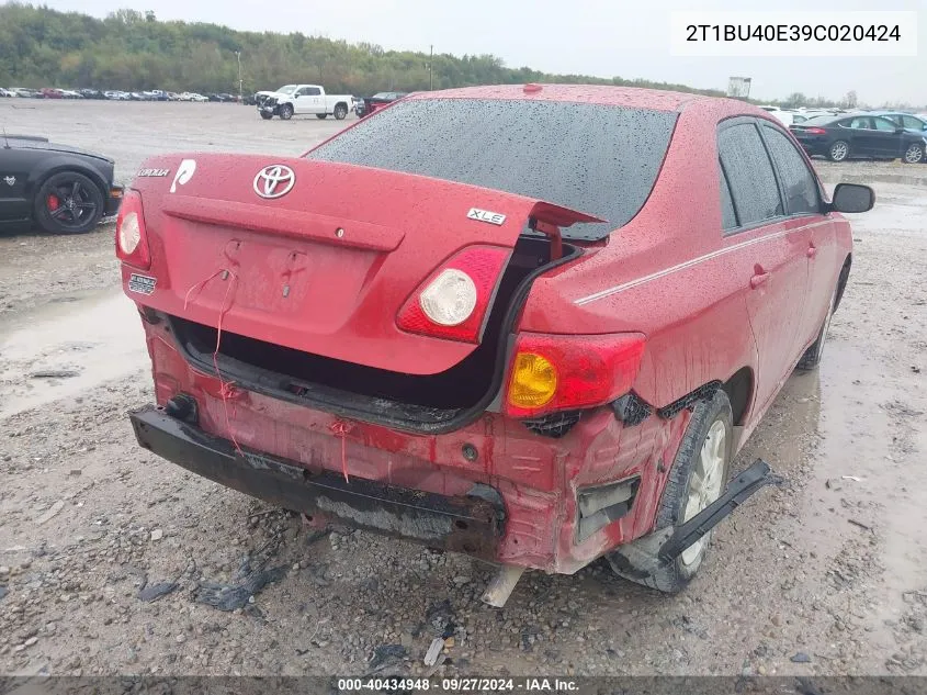 2009 Toyota Corolla Xle VIN: 2T1BU40E39C020424 Lot: 40434948