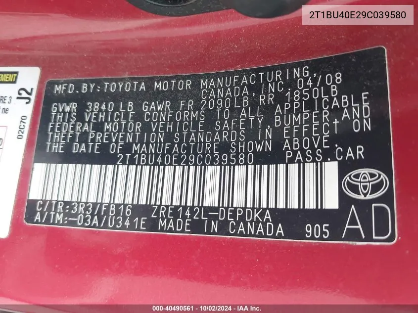 2T1BU40E29C039580 2009 Toyota Corolla Le