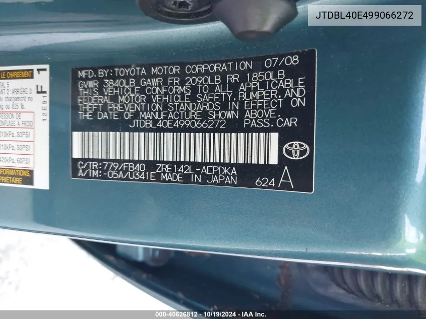 JTDBL40E499066272 2009 Toyota Corolla Le