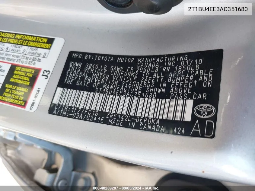 2T1BU4EE3AC351680 2010 Toyota Corolla S/Le/Xle