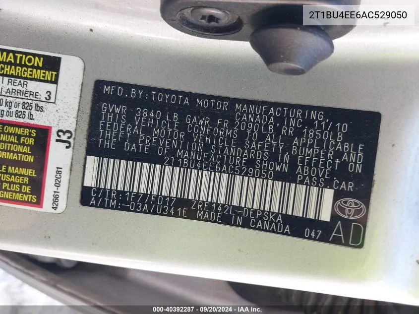 2T1BU4EE6AC529050 2010 Toyota Corolla S