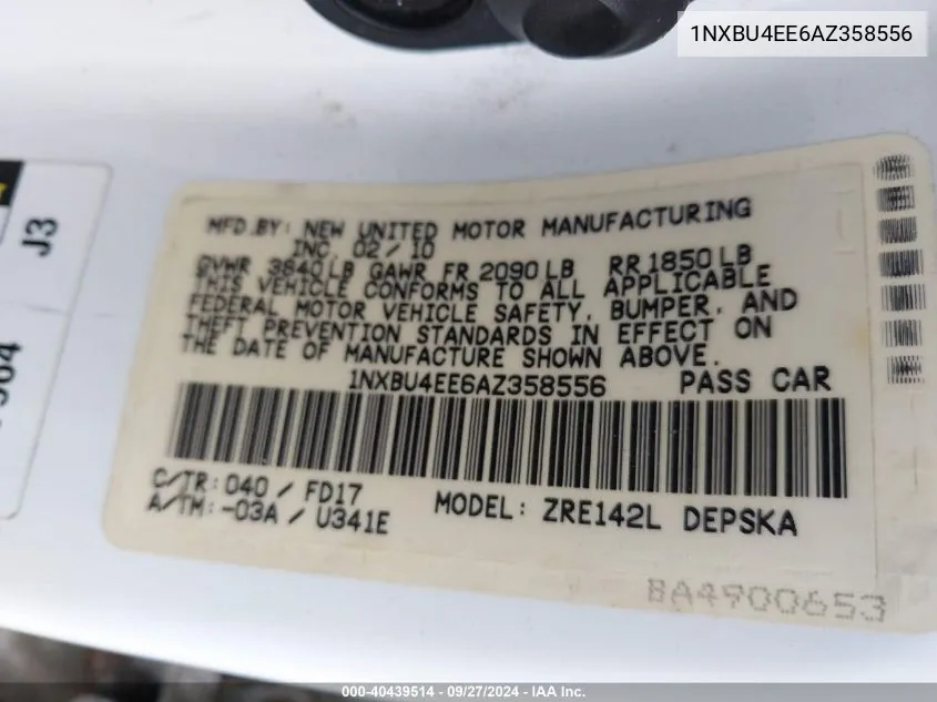 1NXBU4EE6AZ358556 2010 Toyota Corolla S