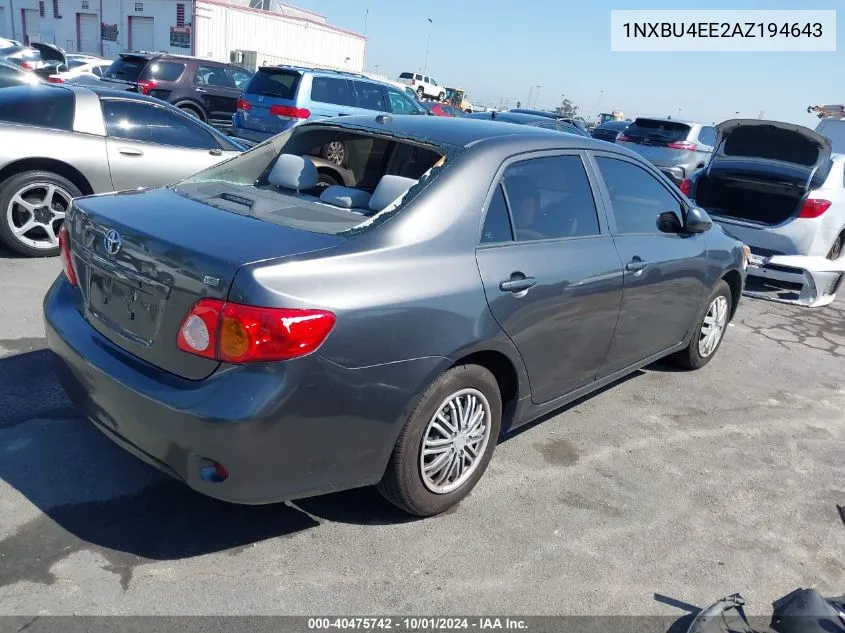 2010 Toyota Corolla S/Le/Xle VIN: 1NXBU4EE2AZ194643 Lot: 40475742