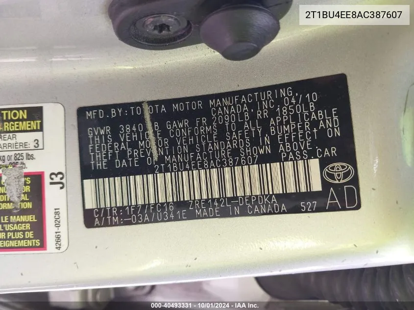 2T1BU4EE8AC387607 2010 Toyota Corolla Le