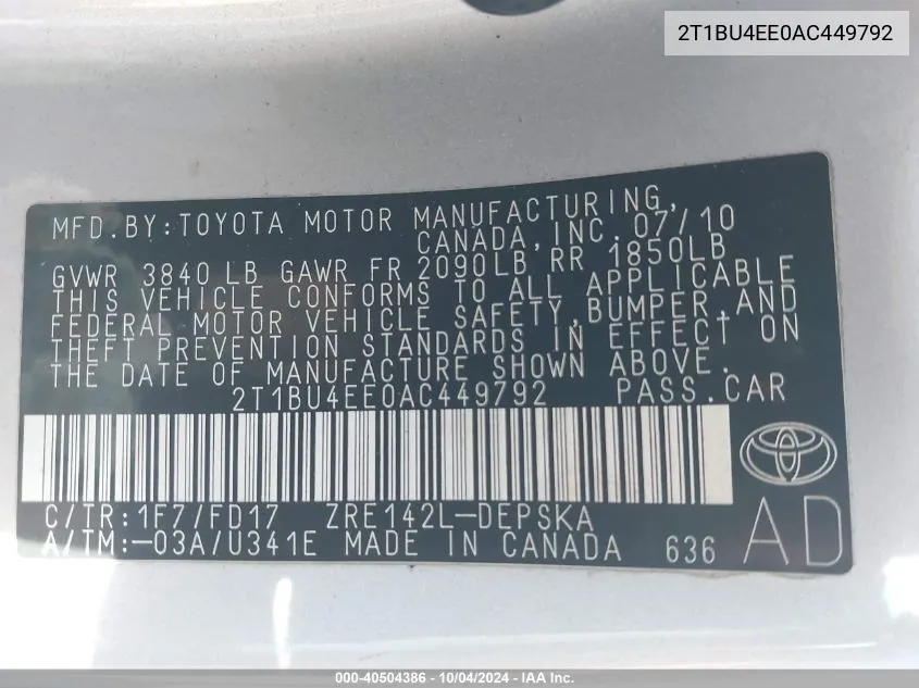 2T1BU4EE0AC449792 2010 Toyota Corolla S