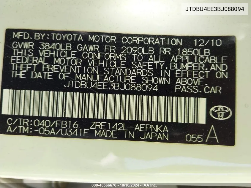 2011 Toyota Corolla Le VIN: JTDBU4EE3BJ088094 Lot: 40566670