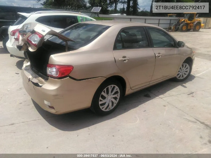 2012 Toyota Corolla Le VIN: 2T1BU4EE8CC792417 Lot: 39417537