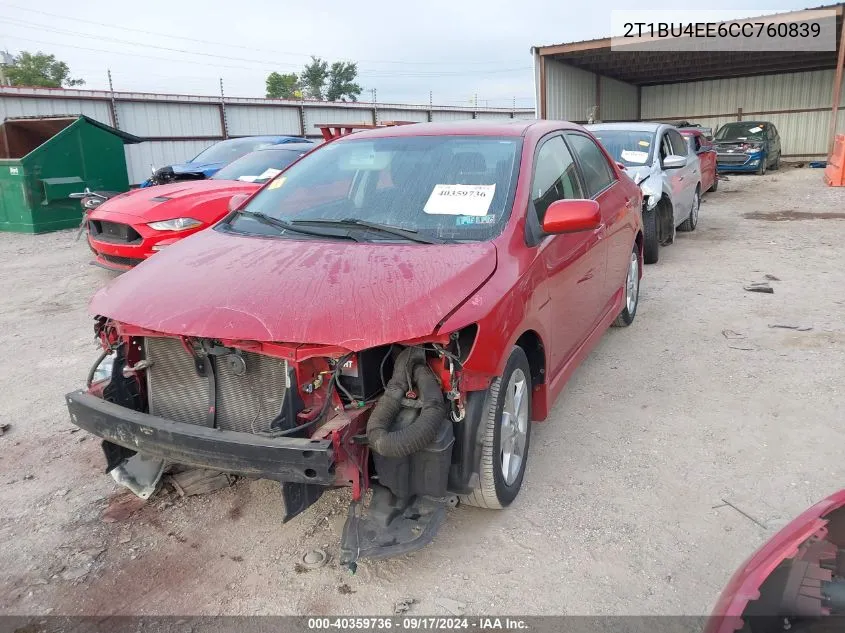 2012 Toyota Corolla S/Le VIN: 2T1BU4EE6CC760839 Lot: 40359736