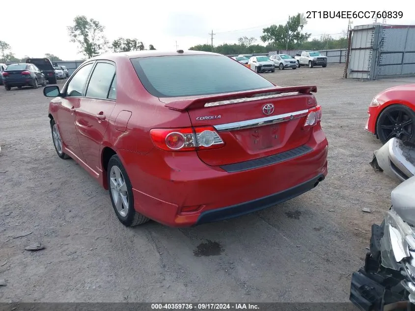 2012 Toyota Corolla S/Le VIN: 2T1BU4EE6CC760839 Lot: 40359736