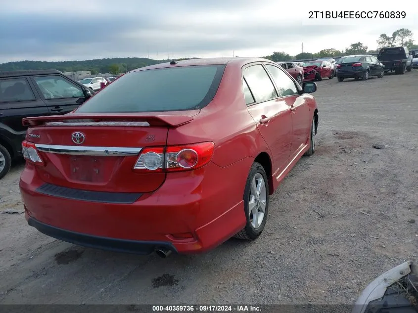 2012 Toyota Corolla S/Le VIN: 2T1BU4EE6CC760839 Lot: 40359736