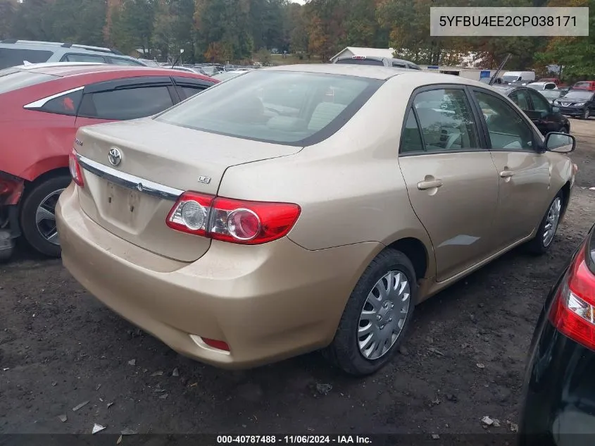 2012 Toyota Corolla Le VIN: 5YFBU4EE2CP038171 Lot: 40787488