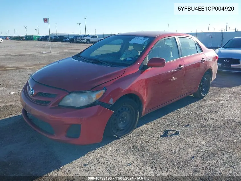 2012 Toyota Corolla Le VIN: 5YFBU4EE1CP004920 Lot: 40799196