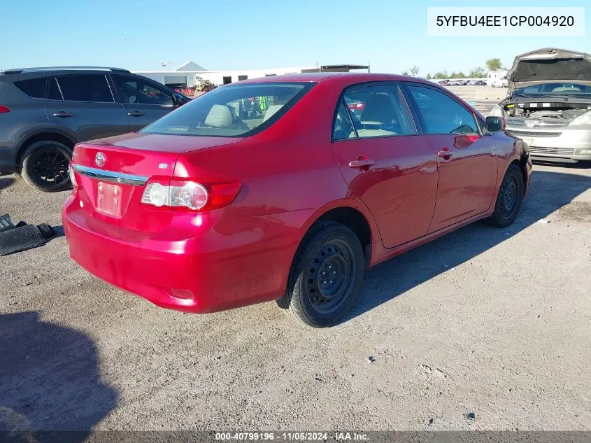 2012 Toyota Corolla Le VIN: 5YFBU4EE1CP004920 Lot: 40799196