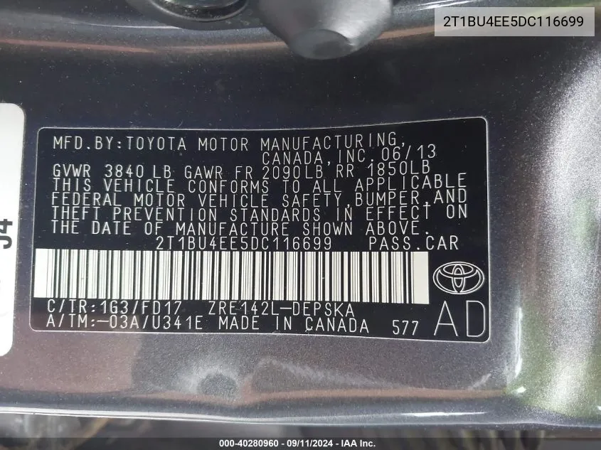 2013 Toyota Corolla S/S Special Edition VIN: 2T1BU4EE5DC116699 Lot: 40280960