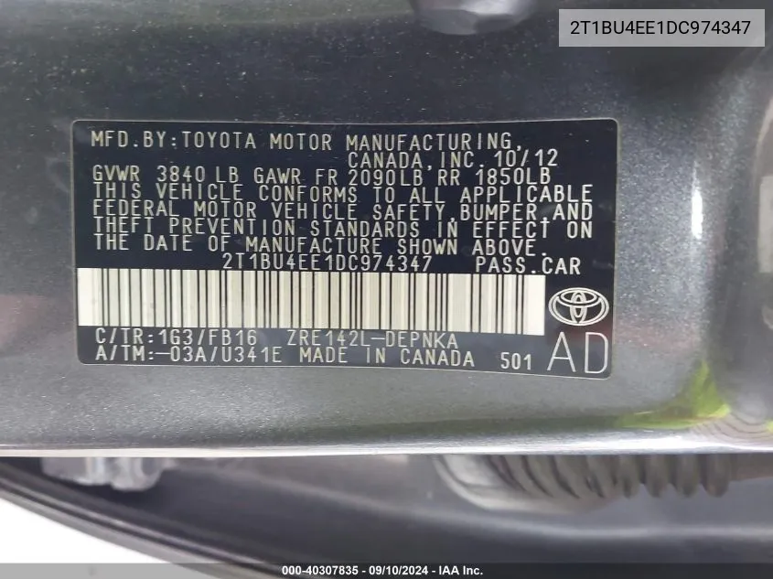 2T1BU4EE1DC974347 2013 Toyota Corolla Le