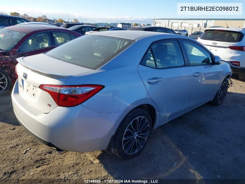 2014 Toyota Corolla L/Le/Le Pls/Prm/S/S Pls VIN: 2T1BURHE2EC098012 Lot: 12149588