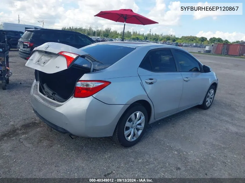 2014 Toyota Corolla Le VIN: 5YFBURHE6EP120867 Lot: 40349012