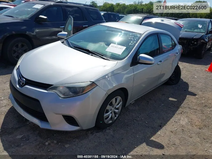 2014 Toyota Corolla Le VIN: 2T1BURHE2EC022600 Lot: 40381185