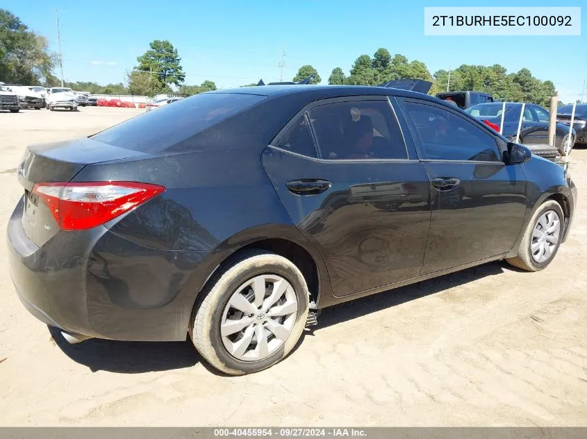 2014 Toyota Corolla Le VIN: 2T1BURHE5EC100092 Lot: 40455954