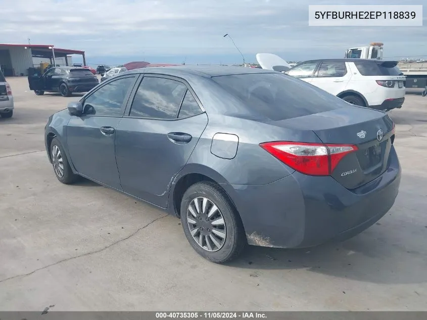 2014 Toyota Corolla L VIN: 5YFBURHE2EP118839 Lot: 40735305