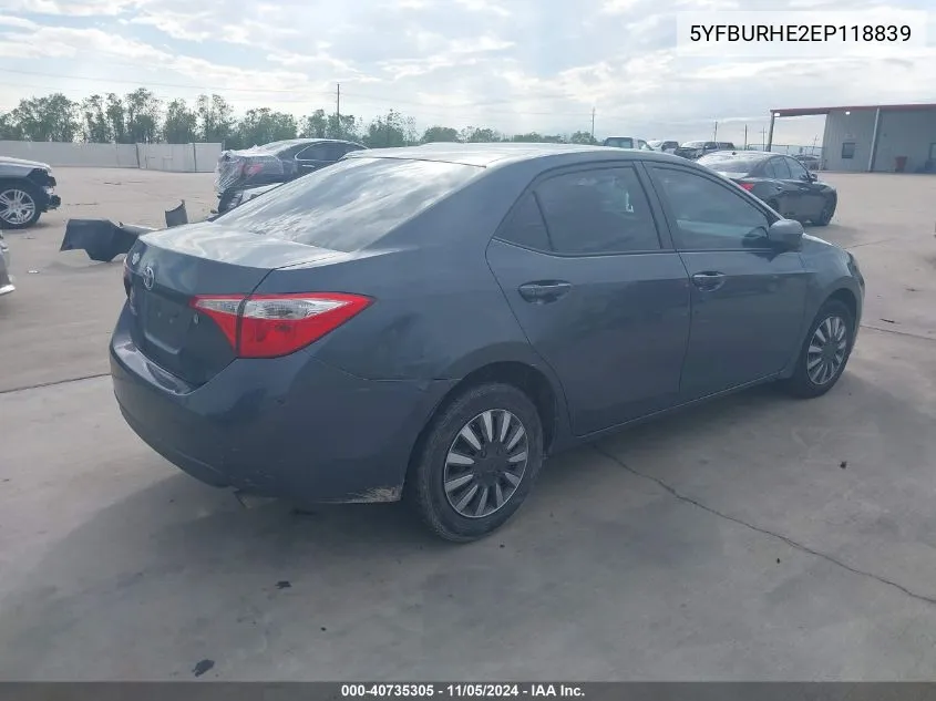 2014 Toyota Corolla L VIN: 5YFBURHE2EP118839 Lot: 40735305