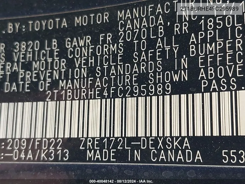 2T1BURHE4FC295989 2015 Toyota Corolla S Plus