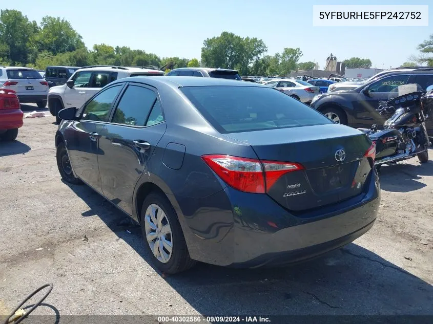 2015 Toyota Corolla Le VIN: 5YFBURHE5FP242752 Lot: 40302586