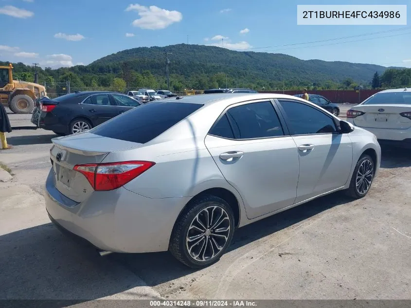 2015 Toyota Corolla S Plus VIN: 2T1BURHE4FC434986 Lot: 40314248