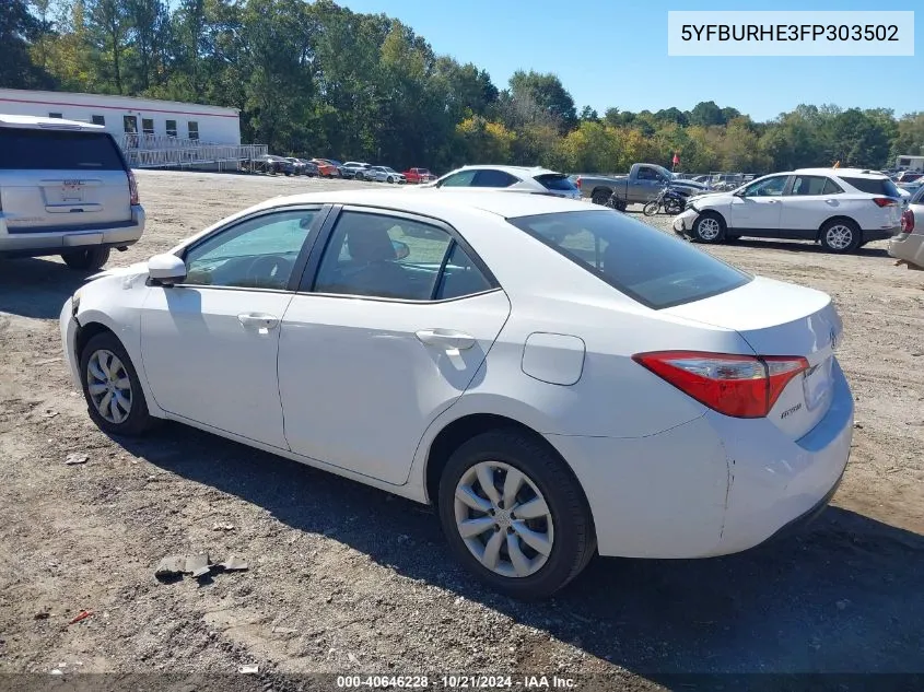 2015 Toyota Corolla Le VIN: 5YFBURHE3FP303502 Lot: 40646228