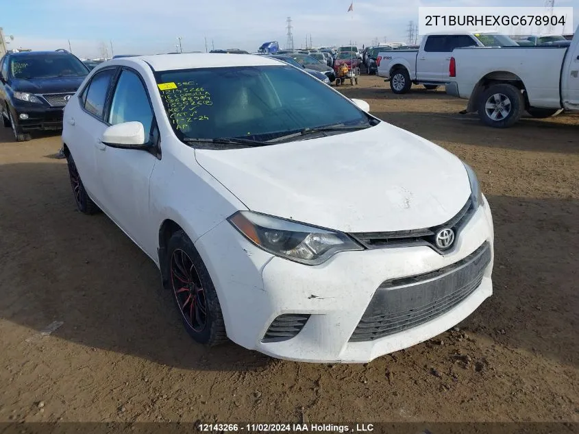 2016 Toyota Corolla L/Le/Le Pls/Prm/S/S Pls VIN: 2T1BURHEXGC678904 Lot: 12143266