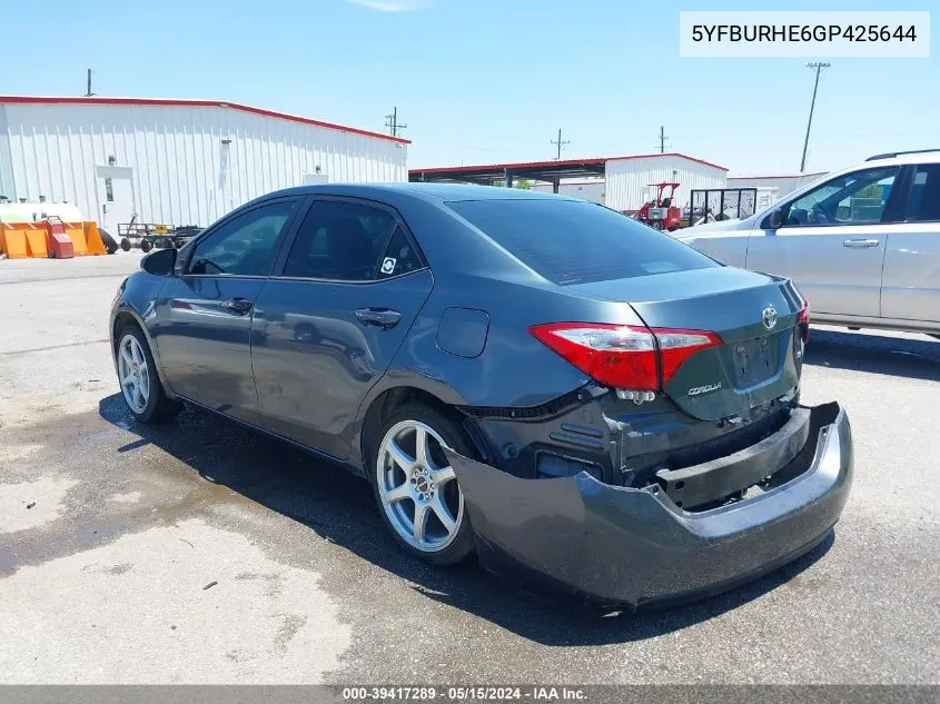 2016 Toyota Corolla Le VIN: 5YFBURHE6GP425644 Lot: 39417289