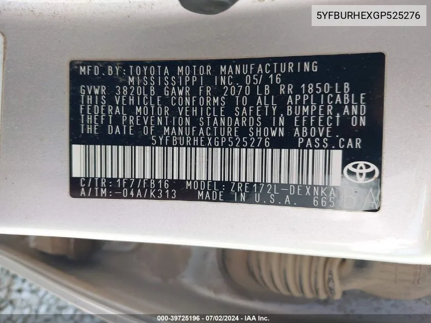 5YFBURHEXGP525276 2016 Toyota Corolla Le