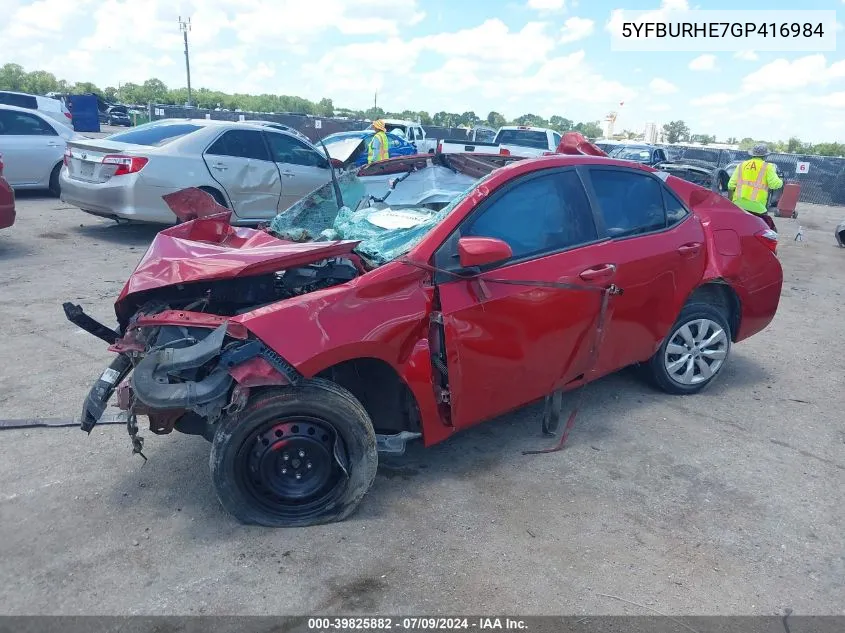 2016 Toyota Corolla Le VIN: 5YFBURHE7GP416984 Lot: 39825882